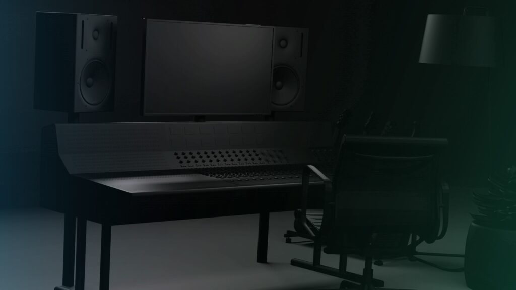 Dark black and green mixing studio setting