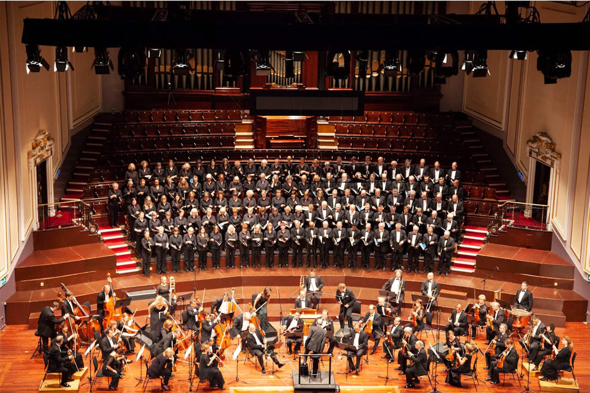 Big orchestra playing in a theatre room 