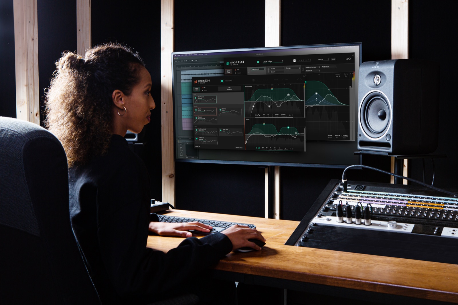 Composer working on a score with a plug-in on screen